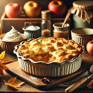 A-cozy-and-inviting-kitchen-scene-featuring-a-freshly-baked-apple-pie-cobbler-in-a-rustic-ceramic-baking-dish-sitting-on-a-wooden-countertop