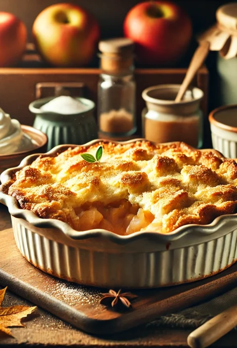 A-cozy-and-inviting-kitchen-scene-featuring-a-freshly-baked-apple-pie-cobbler-in-a-rustic-ceramic-baking-dish-sitting-on-a-wooden-countertop