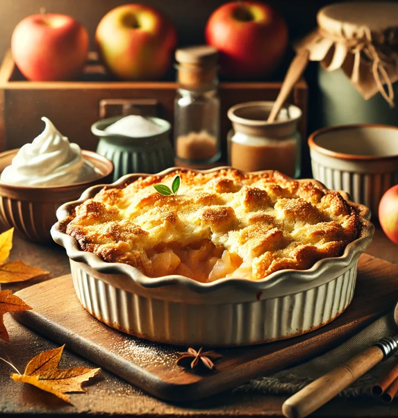 A-cozy-and-inviting-kitchen-scene-featuring-a-freshly-baked-apple-pie-cobbler-in-a-rustic-ceramic-baking-dish-sitting-on-a-wooden-countertop