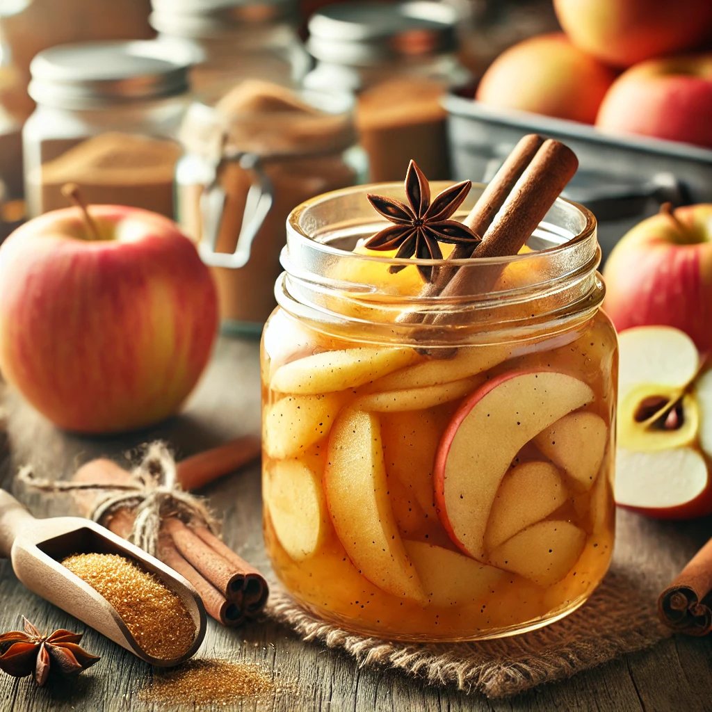 Mason jar filled with homemade apple pie filling.