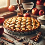 A freshly baked apple pie with a golden double crust, titled 'My Favorite Apple Pie Recipe,' served on a rustic wooden table.