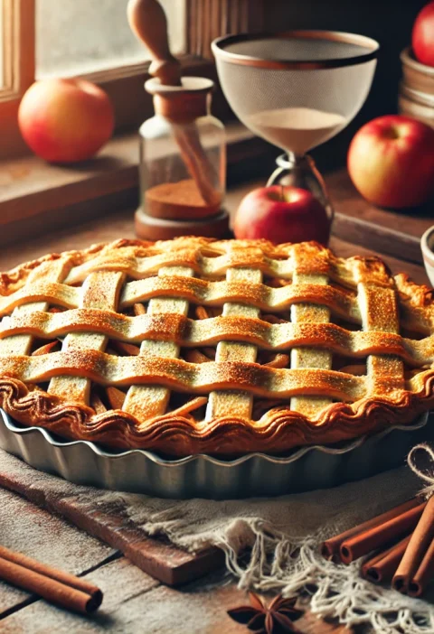 A freshly baked apple pie with a golden double crust, titled 'My Favorite Apple Pie Recipe,' served on a rustic wooden table.