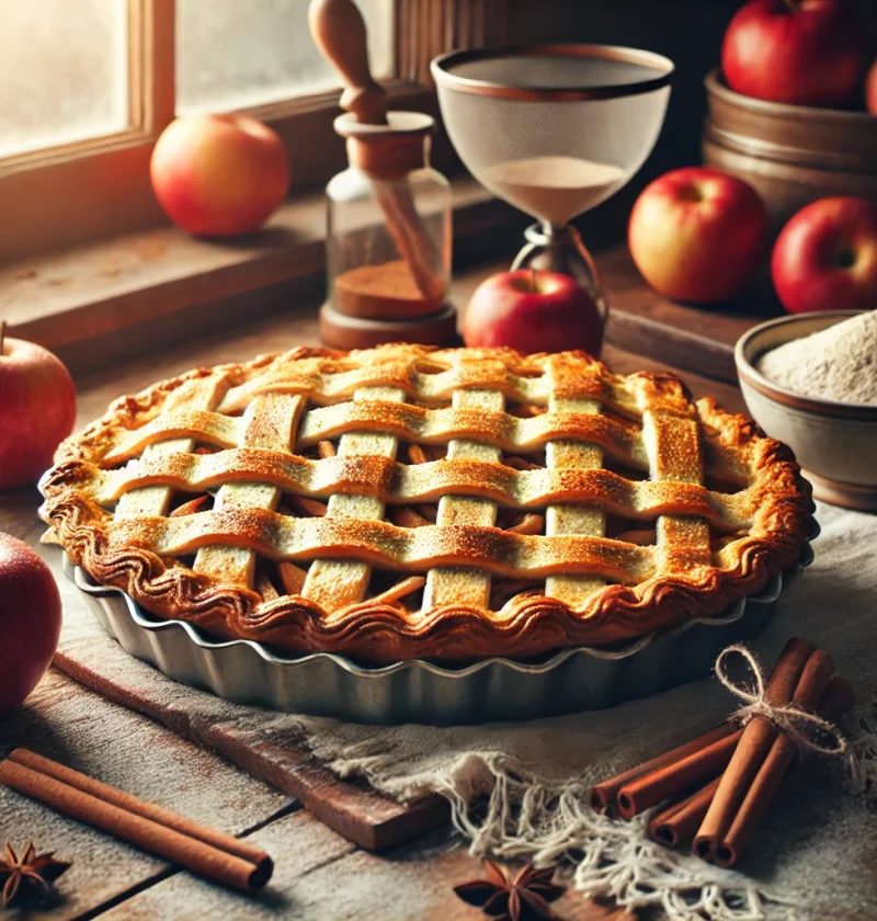 A freshly baked apple pie with a golden double crust, titled 'My Favorite Apple Pie Recipe,' served on a rustic wooden table.