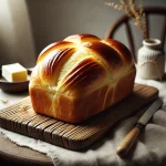 Freshly baked brioche loaf with a golden-brown crust, partially sliced to reveal its soft and fluffy texture, surrounded by a cozy kitchen setup with butter and jam.