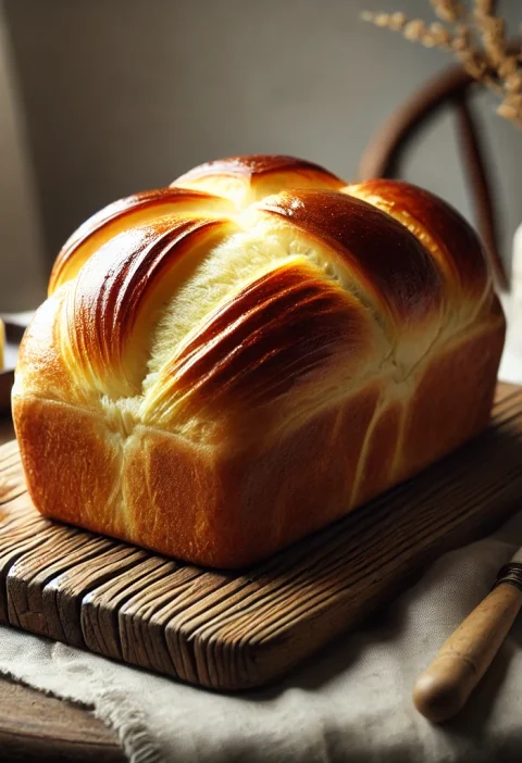 Freshly baked brioche loaf with a golden-brown crust, partially sliced to reveal its soft and fluffy texture, surrounded by a cozy kitchen setup with butter and jam.