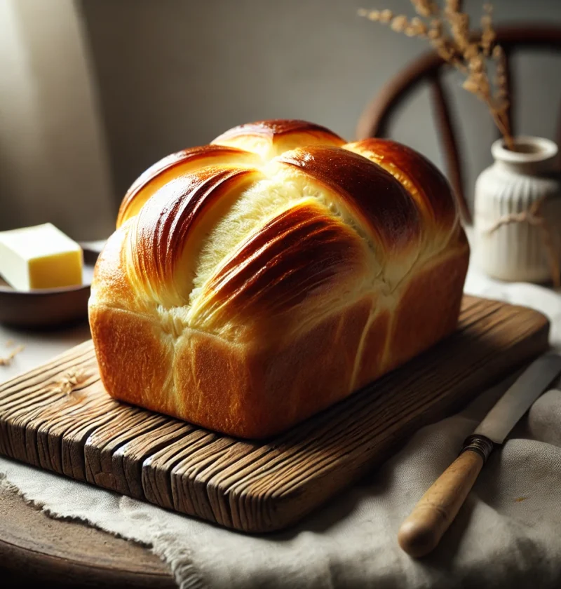 Freshly baked brioche loaf with a golden-brown crust, partially sliced to reveal its soft and fluffy texture, surrounded by a cozy kitchen setup with butter and jam.