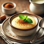 A small ceramic bowl of creamy homemade custard with a silky texture, topped with ground nutmeg and garnished with a mint leaf, placed on a rustic wooden table with a silver spoon and a small jug of cream in the background.