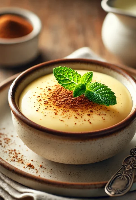 A small ceramic bowl of creamy homemade custard with a silky texture, topped with ground nutmeg and garnished with a mint leaf, placed on a rustic wooden table with a silver spoon and a small jug of cream in the background.