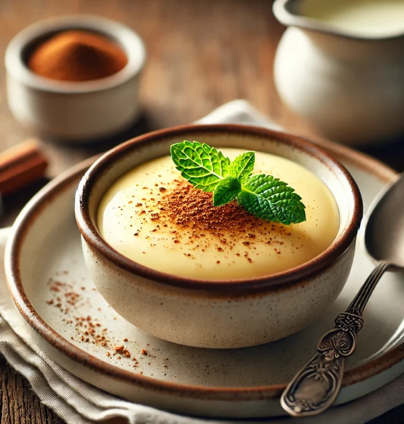 A small ceramic bowl of creamy homemade custard with a silky texture, topped with ground nutmeg and garnished with a mint leaf, placed on a rustic wooden table with a silver spoon and a small jug of cream in the background.