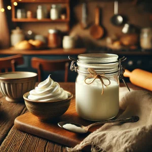 A cozy kitchen scene featuring a glass jar of homemade whipping cream on a wooden countertop. A small bowl of freshly whipped cream with soft peaks sits beside it, with a spoon resting nearby. A rustic linen cloth is draped next to the jar, creating a warm and inviting atmosphere.