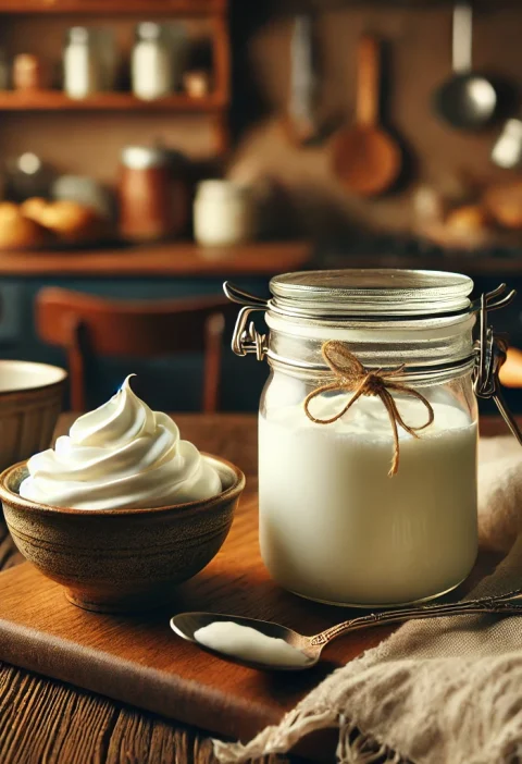 A cozy kitchen scene featuring a glass jar of homemade whipping cream on a wooden countertop. A small bowl of freshly whipped cream with soft peaks sits beside it, with a spoon resting nearby. A rustic linen cloth is draped next to the jar, creating a warm and inviting atmosphere.