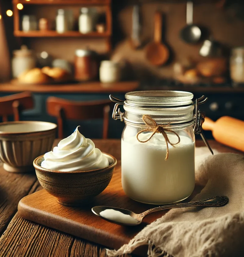 A cozy kitchen scene featuring a glass jar of homemade whipping cream on a wooden countertop. A small bowl of freshly whipped cream with soft peaks sits beside it, with a spoon resting nearby. A rustic linen cloth is draped next to the jar, creating a warm and inviting atmosphere.