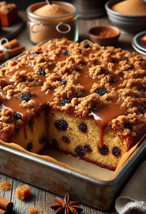 A freshly baked Streusel Spice Cake with Brown Sugar Glaze in an 8x8-inch pan, topped with a golden, crumbly streusel and a rich brown sugar glaze, surrounded by rustic elements like cinnamon sticks and a bowl of brown sugar on a wooden table.