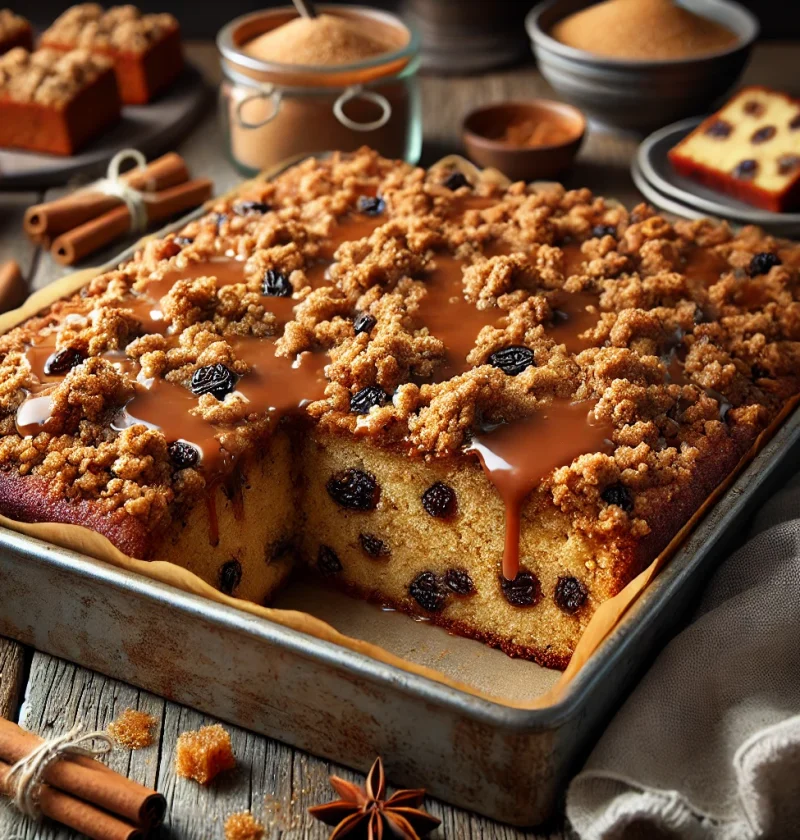 A freshly baked Streusel Spice Cake with Brown Sugar Glaze in an 8x8-inch pan, topped with a golden, crumbly streusel and a rich brown sugar glaze, surrounded by rustic elements like cinnamon sticks and a bowl of brown sugar on a wooden table.