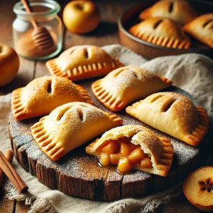 A cozy and inviting image of golden, flaky apple hand pies arranged on a rustic wooden board. One of the pies is cut open to reveal a warm, gooey appl