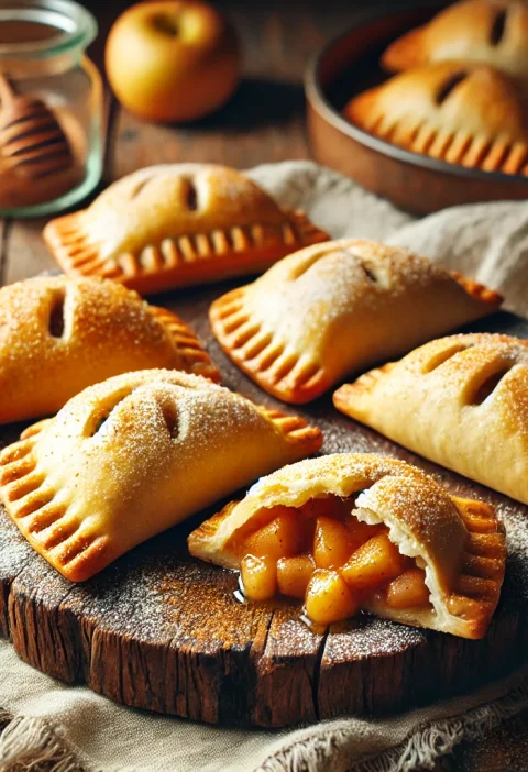 A cozy and inviting image of golden, flaky apple hand pies arranged on a rustic wooden board. One of the pies is cut open to reveal a warm, gooey appl