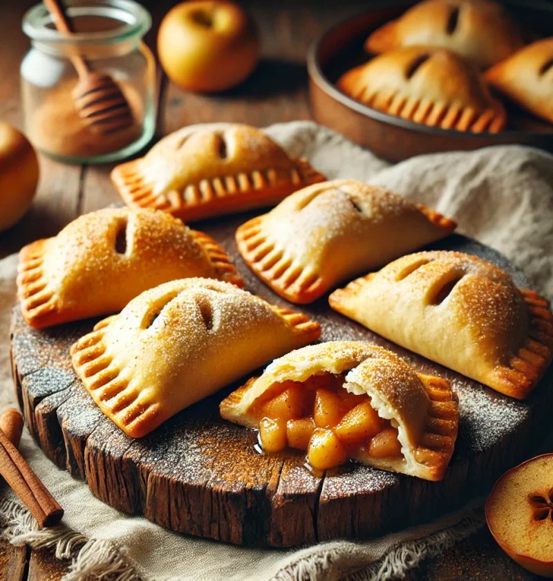 A cozy and inviting image of golden, flaky apple hand pies arranged on a rustic wooden board. One of the pies is cut open to reveal a warm, gooey appl