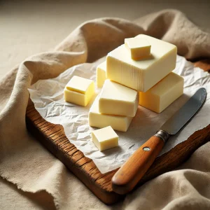 Homemade butter cut into rectangular blocks, placed on parchment paper on a rustic wooden cutting board. A butter knife rests nearby, with a soft linen cloth in the background for a warm and inviting presentation