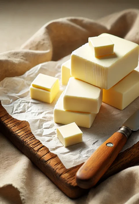 Homemade butter cut into rectangular blocks, placed on parchment paper on a rustic wooden cutting board. A butter knife rests nearby, with a soft linen cloth in the background for a warm and inviting presentation