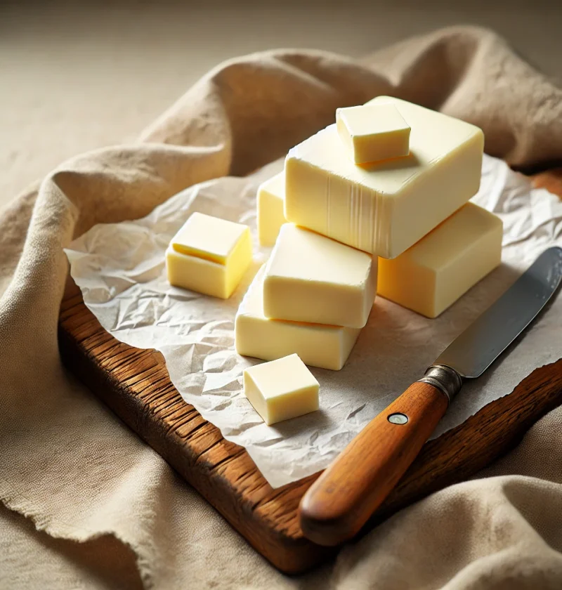 Homemade butter cut into rectangular blocks, placed on parchment paper on a rustic wooden cutting board. A butter knife rests nearby, with a soft linen cloth in the background for a warm and inviting presentation