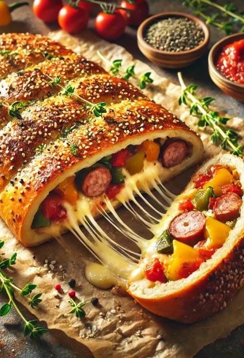 A beautifully baked homemade stromboli sliced open to reveal a gooey cheese and colorful filling of sausage, sautéed vegetables, and marinara sauce, topped with Italian herbs and sesame seeds on a rustic parchment background