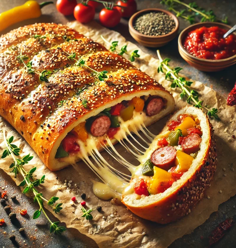 A beautifully baked homemade stromboli sliced open to reveal a gooey cheese and colorful filling of sausage, sautéed vegetables, and marinara sauce, topped with Italian herbs and sesame seeds on a rustic parchment background