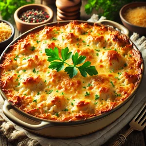 A beautifully baked homemade cheesy chicken and rice casserole in a rustic baking dish, garnished with fresh herbs.