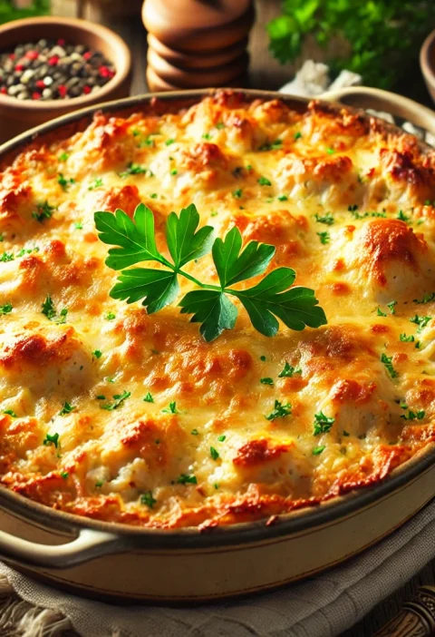 A beautifully baked homemade cheesy chicken and rice casserole in a rustic baking dish, garnished with fresh herbs.