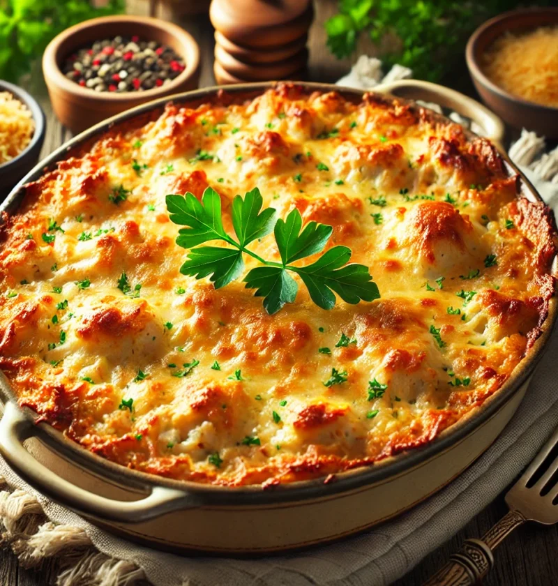 A beautifully baked homemade cheesy chicken and rice casserole in a rustic baking dish, garnished with fresh herbs.