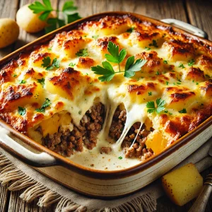 A beautifully baked homemade cheesy beef and potato casserole in a rustic ceramic baking dish. The top is golden brown with melted cheese bubbling slightly, garnished with fresh parsley. A portion is cut out to reveal the layers of seasoned ground beef, tender potatoes, and creamy sauce.