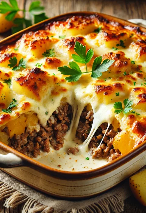 A beautifully baked homemade cheesy beef and potato casserole in a rustic ceramic baking dish. The top is golden brown with melted cheese bubbling slightly, garnished with fresh parsley. A portion is cut out to reveal the layers of seasoned ground beef, tender potatoes, and creamy sauce.