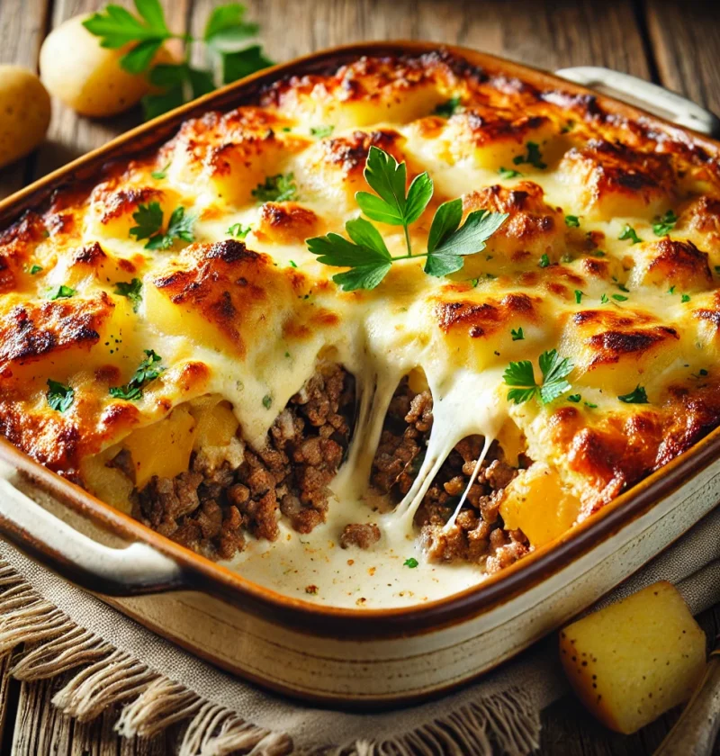 A beautifully baked homemade cheesy beef and potato casserole in a rustic ceramic baking dish. The top is golden brown with melted cheese bubbling slightly, garnished with fresh parsley. A portion is cut out to reveal the layers of seasoned ground beef, tender potatoes, and creamy sauce.