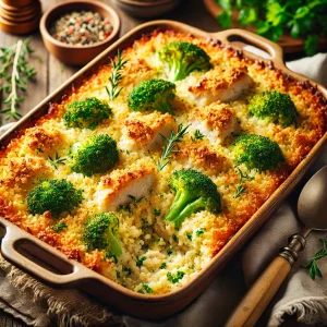 A beautifully baked homemade chicken and broccoli casserole with a golden cheesy topping, served in a rustic baking dish.