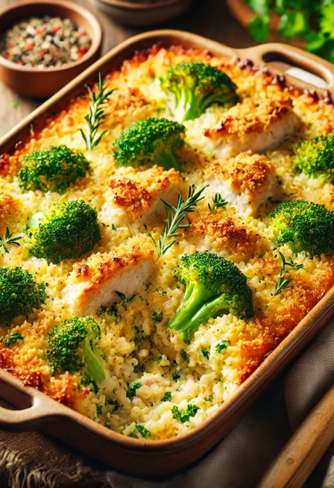 A beautifully baked homemade chicken and broccoli casserole with a golden cheesy topping, served in a rustic baking dish.