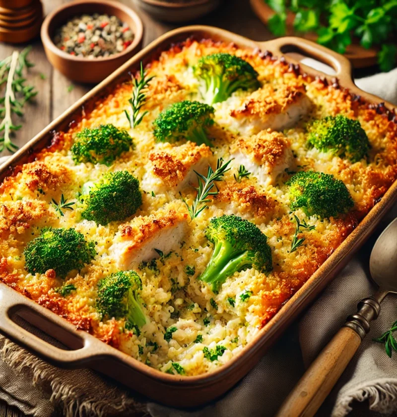 A beautifully baked homemade chicken and broccoli casserole with a golden cheesy topping, served in a rustic baking dish.