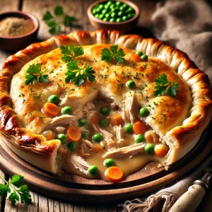 A golden, flaky chicken pot pie with a slice removed, revealing a creamy filling of tender chicken, peas, carrots, and vegetables