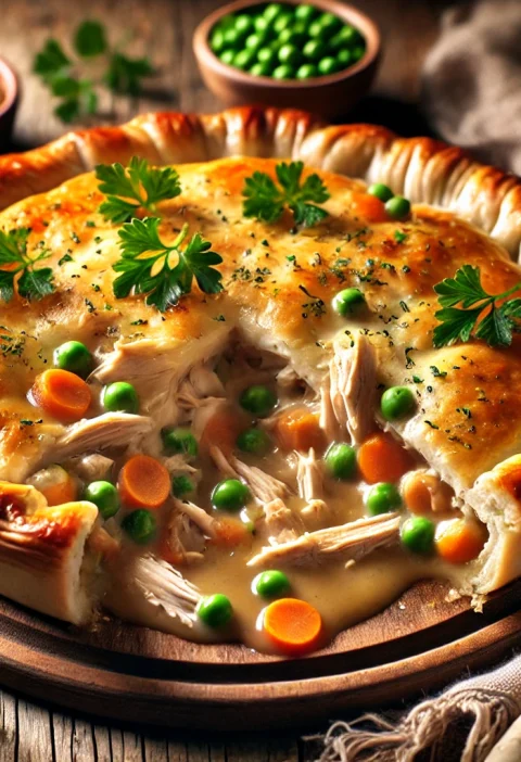 A golden, flaky chicken pot pie with a slice removed, revealing a creamy filling of tender chicken, peas, carrots, and vegetables