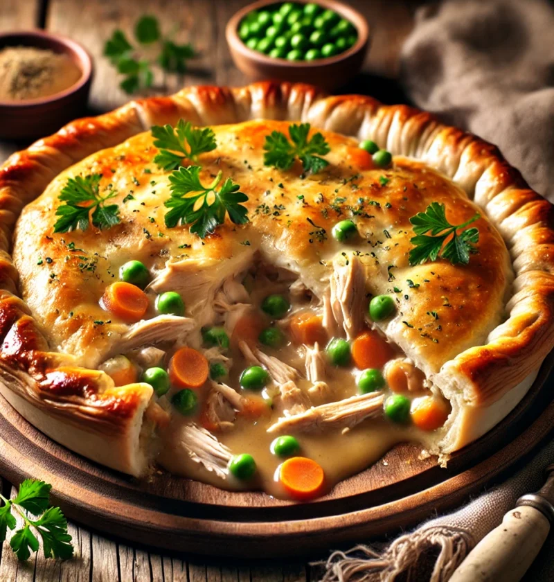 A golden, flaky chicken pot pie with a slice removed, revealing a creamy filling of tender chicken, peas, carrots, and vegetables