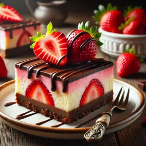 A beautifully plated serving of Chocolate Covered Strawberry Cheesecake Bars with a vibrant pink strawberry layer, rich chocolate topping, and fresh strawberries on top, perfect for Valentine's Day dessert.