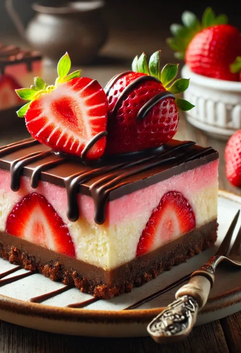 A beautifully plated serving of Chocolate Covered Strawberry Cheesecake Bars with a vibrant pink strawberry layer, rich chocolate topping, and fresh strawberries on top, perfect for Valentine's Day dessert.