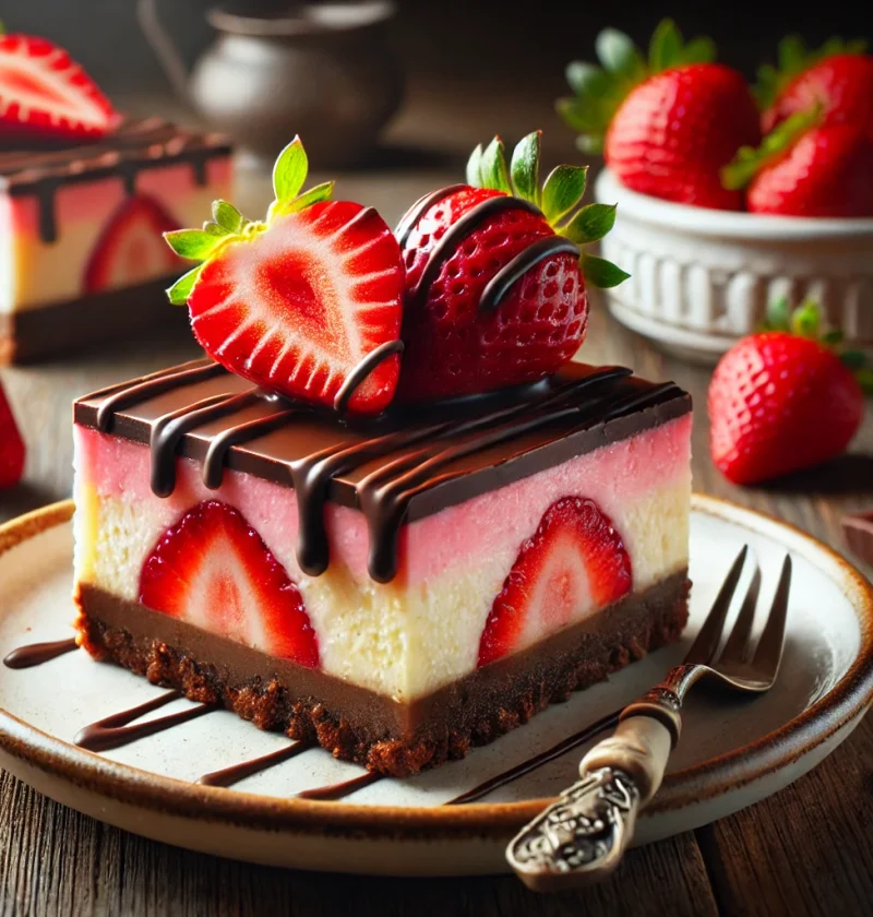 A beautifully plated serving of Chocolate Covered Strawberry Cheesecake Bars with a vibrant pink strawberry layer, rich chocolate topping, and fresh strawberries on top, perfect for Valentine's Day dessert.