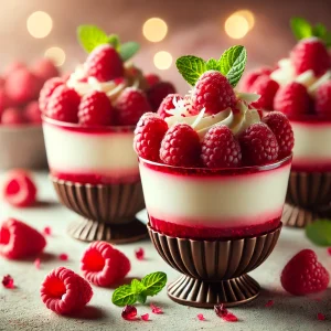 A beautifully arranged set of Raspberry White Chocolate Mousse Cups with creamy white chocolate filling, raspberry compote, and garnished with fresh raspberries and white chocolate shavings.