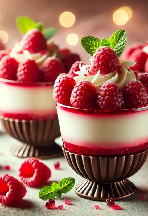 A beautifully arranged set of Raspberry White Chocolate Mousse Cups with creamy white chocolate filling, raspberry compote, and garnished with fresh raspberries and white chocolate shavings.