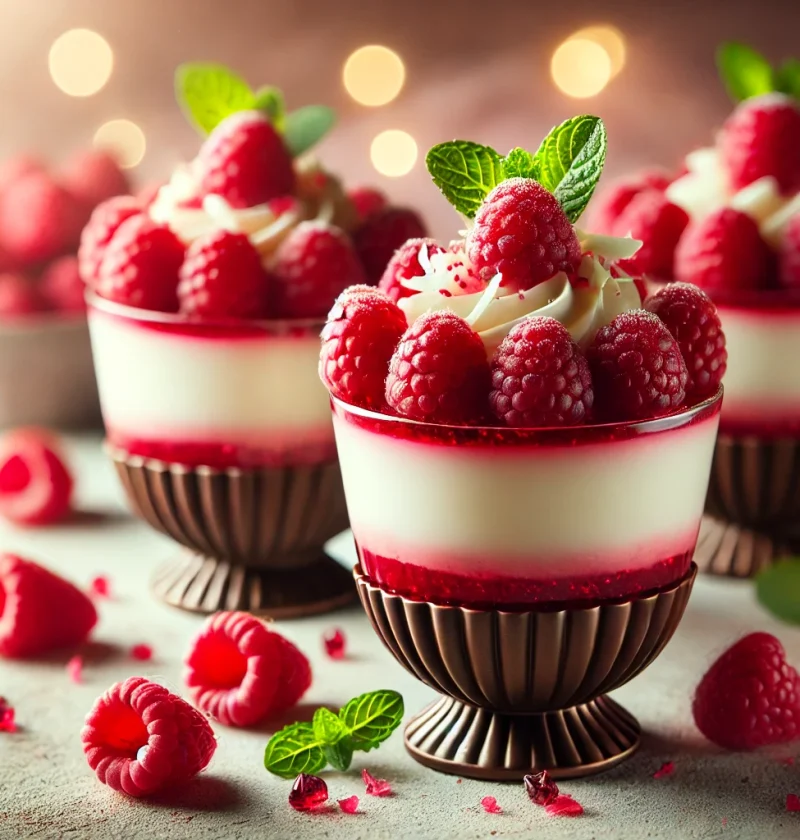 A beautifully arranged set of Raspberry White Chocolate Mousse Cups with creamy white chocolate filling, raspberry compote, and garnished with fresh raspberries and white chocolate shavings.