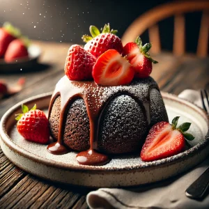 A beautifully plated serving of Strawberry Chocolate Lava Cake with a rich molten chocolate center, fresh strawberries on top, and a dusting of powdered sugar. Served on a rustic plate with a drizzle of chocolate sauce.