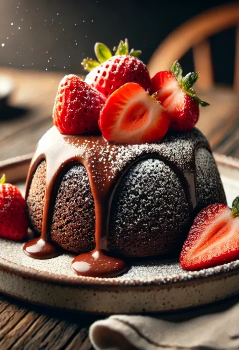 A beautifully plated serving of Strawberry Chocolate Lava Cake with a rich molten chocolate center, fresh strawberries on top, and a dusting of powdered sugar. Served on a rustic plate with a drizzle of chocolate sauce.