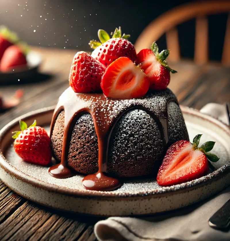 A beautifully plated serving of Strawberry Chocolate Lava Cake with a rich molten chocolate center, fresh strawberries on top, and a dusting of powdered sugar. Served on a rustic plate with a drizzle of chocolate sauce.