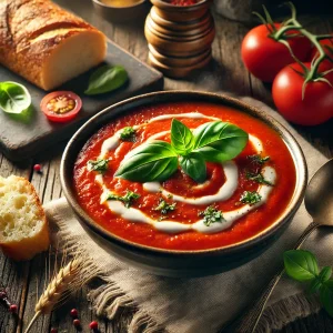 A steaming bowl of creamy roasted tomato basil soup, garnished with fresh basil leaves and served with crusty bread.