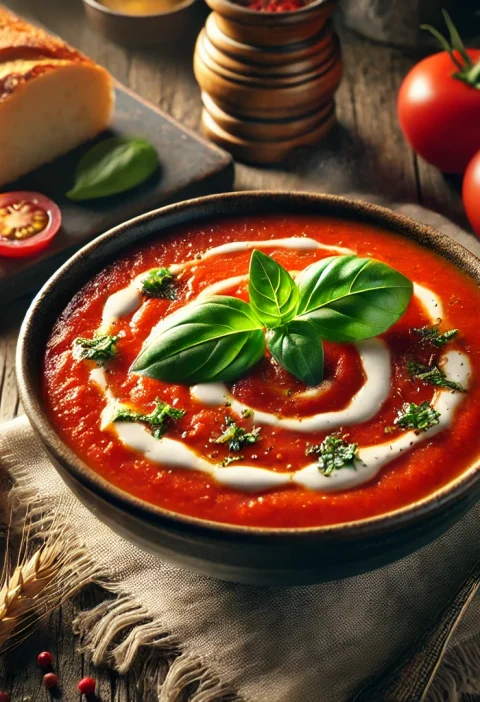 A steaming bowl of creamy roasted tomato basil soup, garnished with fresh basil leaves and served with crusty bread.