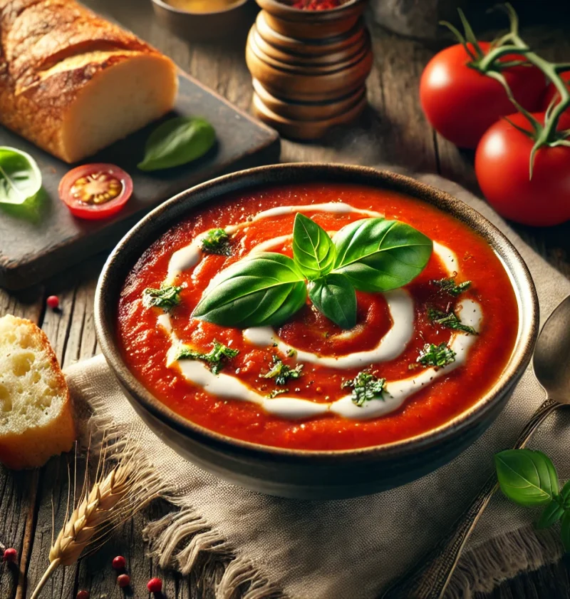 A steaming bowl of creamy roasted tomato basil soup, garnished with fresh basil leaves and served with crusty bread.